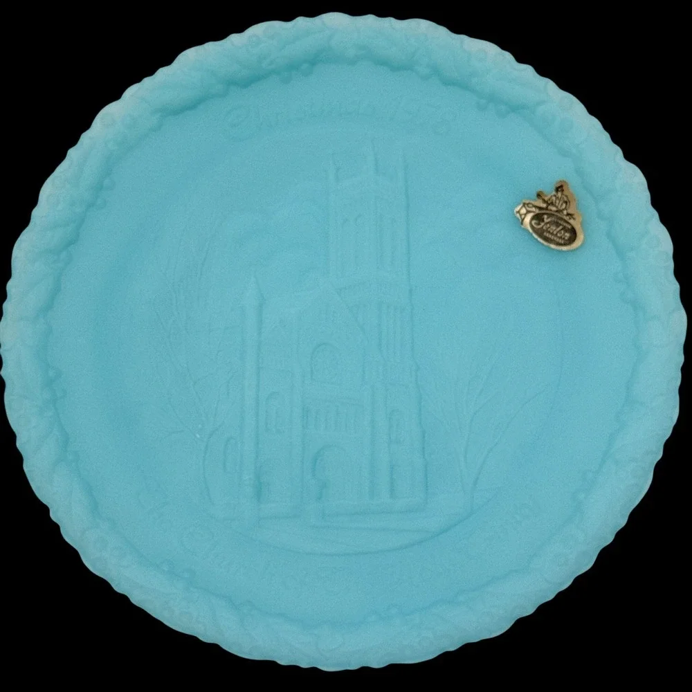 Fenton Christmas in America 1978 Blue Satin Glass Plate Church of Holy Trinity